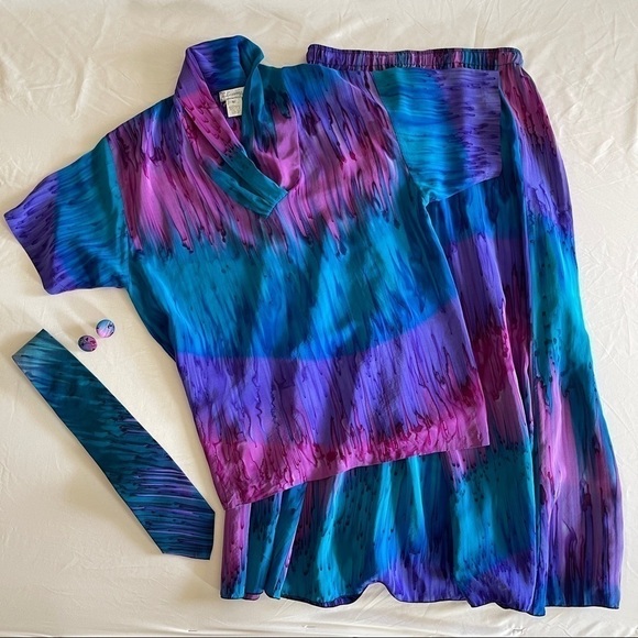 Vintage 80s Silk Blouse & Skirt Hand Painted 4 Pc Set His & Hers Size Med - Picture 1 of 11
